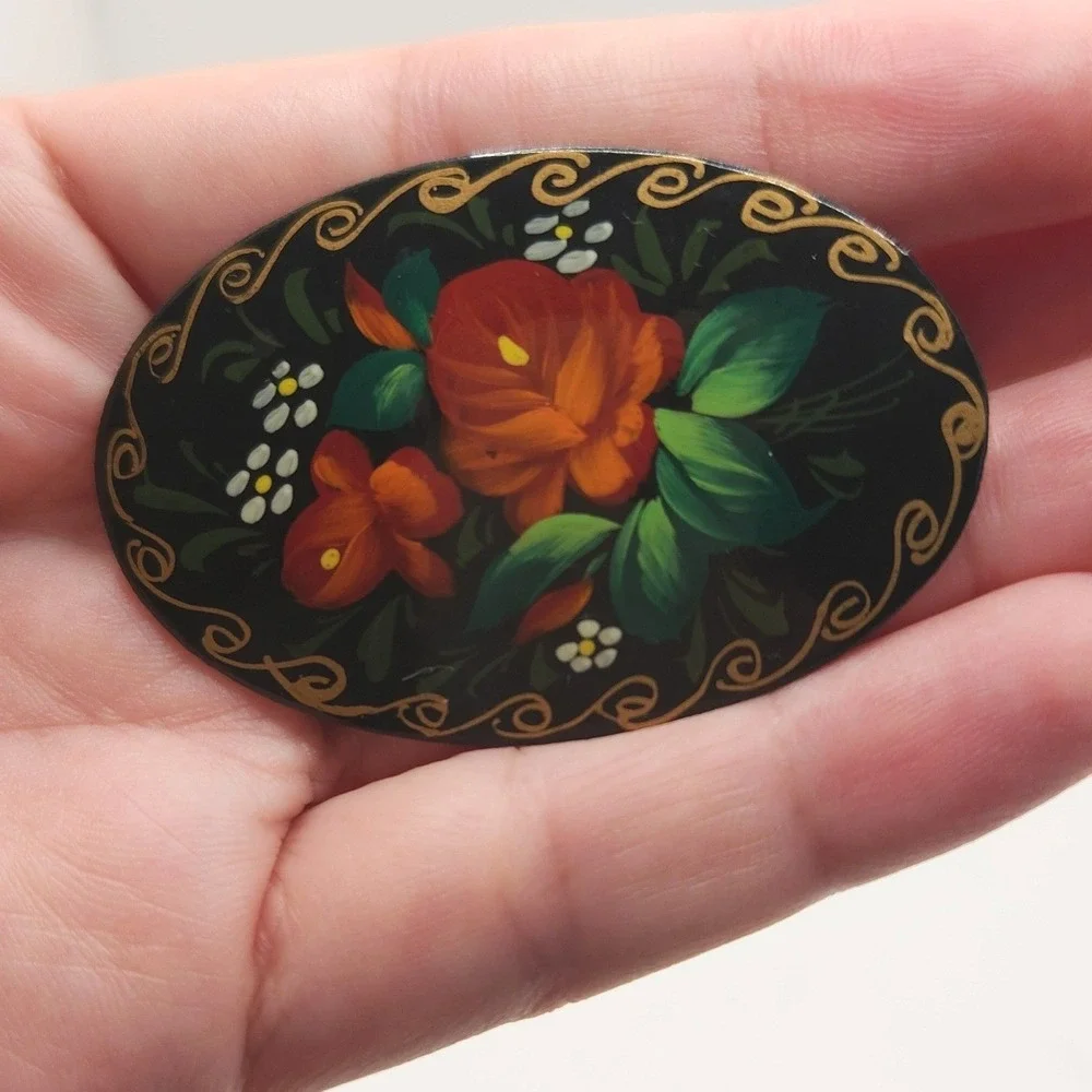 Vintage Russian Lacquered Hand Painted Floral Brooch Signed KT Black Oval Pin